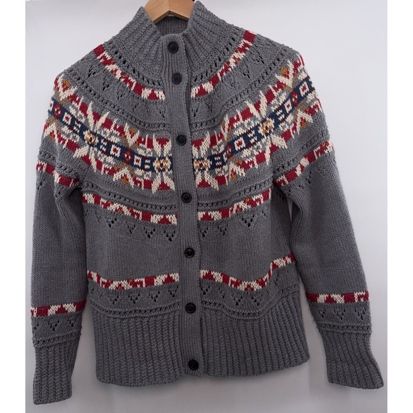 LL Bean Signature 100% Cotton Fisherman Fair Isle Cardigan Sweater Nordic Thick - Picture 2 of 7